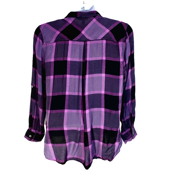 Rock & Republic Purple Black Plaid Button Up Shirt Top Size L Adjustable Sleeve - Picture 3 of 7